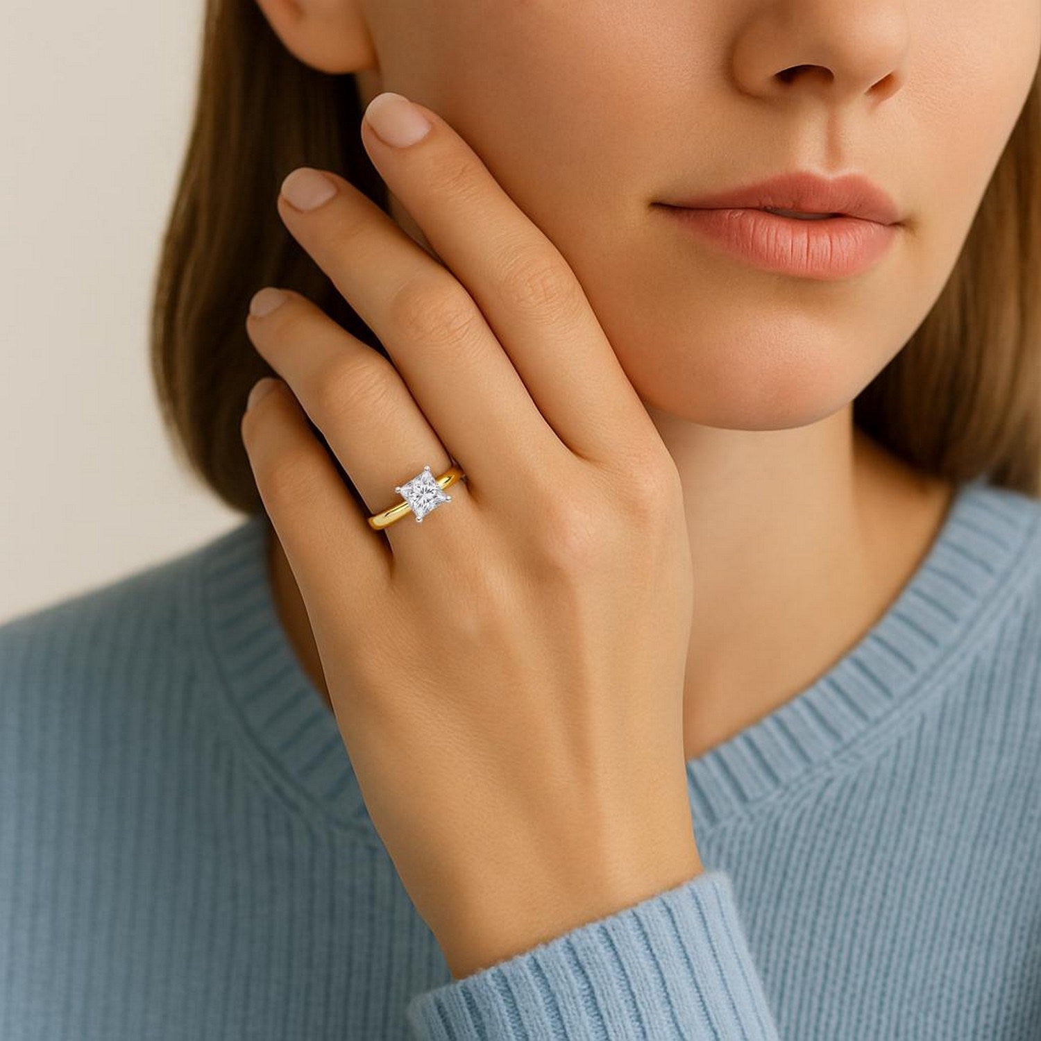 1.50Ct Princess Lab Grown IGI G/VS1 Diamond Ring in 10K Yellow Gold
